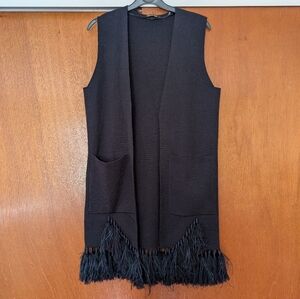 Kobi Halperin Women's Blue Wool Knit Ostrich Fringe Sweater Vest Long Small Wool